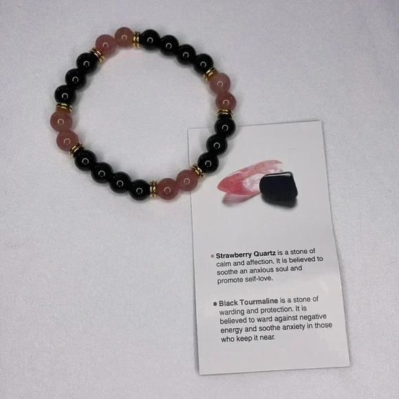 New Crystal Strawberry Quartz Black Tourmaline Stretch Bracelet Medium - Picture 4 of 6